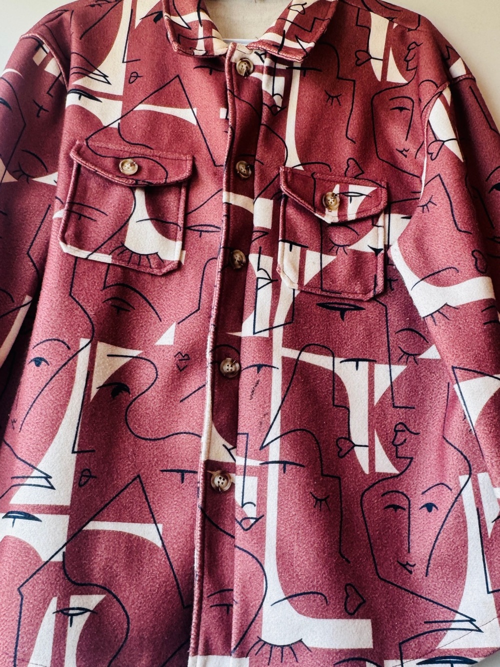 Button-Front Maroon Abstract Print Shirt Jacket - Picture 6 of 8